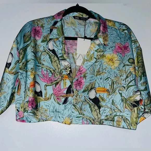 Zara Cropped toucan Tropic Floral Shirt Top - Picture 7 of 8